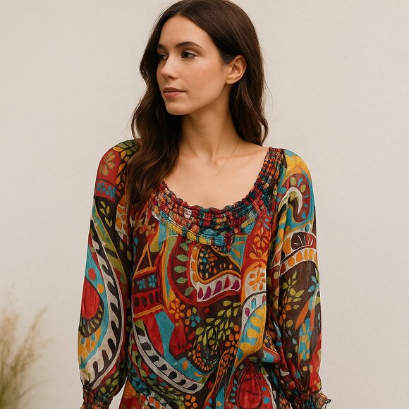 Colorful, Groovy CACHE Women's Sheer Chiffon Style Boho Tunic sz M - Picture 1 of 7